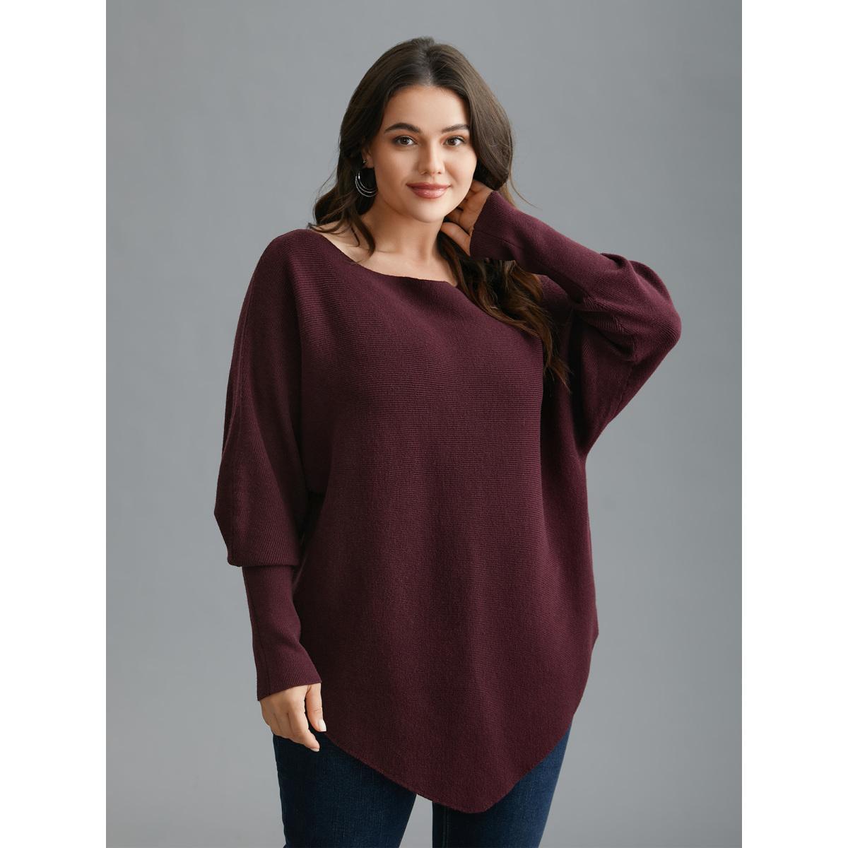Plus Size Supersoft Essentials Solid Dolman Sleeve Pullover Deepred Women Casual Loose Long Sleeve Boat Neck Everyday Pullovers BloomChic 10/M Product Image