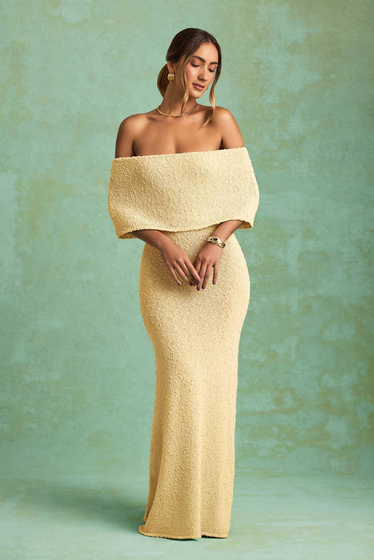 Bouclé Off-Shoulder Maxi Dress in Yellow Product Image