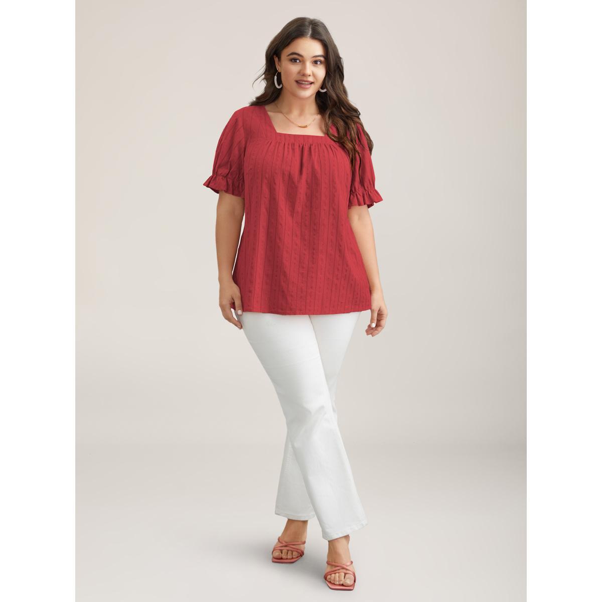 Plus Size Crimson Cotton Square Neck Ruffled Sleeve Shirt Women Elegant Short sleeve Square Neck Everyday Blouses BloomChic 18-20/2X Product Image