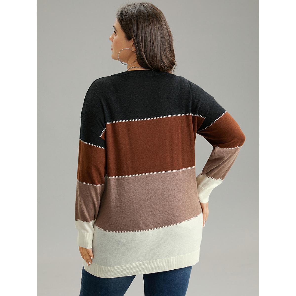 Plus Size Supersoft Essentials Colorblock Contrast Round Neck Pullover Multicolor Women Casual Loose Long Sleeve Round Neck Everyday Pullovers BloomChic 26/4X Product Image