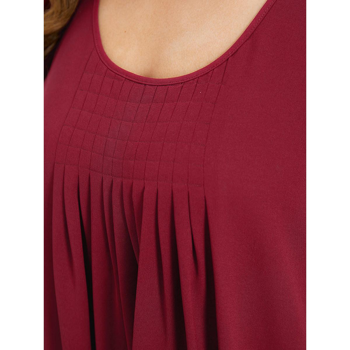 Plus Size Plain Plicated Detail Round Neck Ruffle Sleeve Dress Scarlet Women Casual Plain Round Neck Short sleeve Curvy Midi Dress BloomChic 10/M Product Image