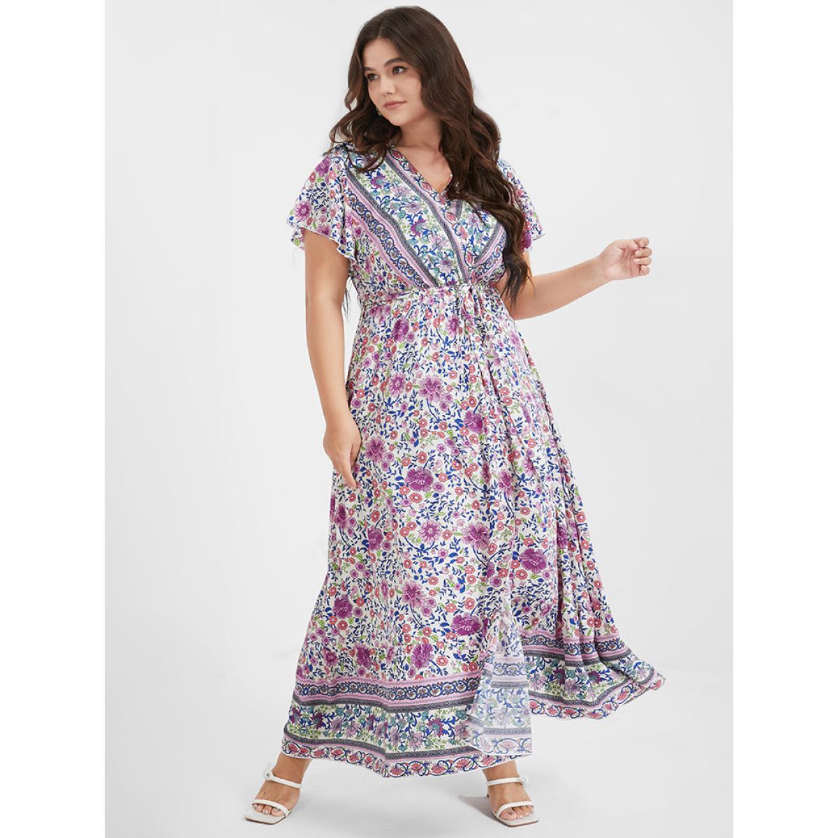 Boho Elegant Flutter Plus Size Women Midi Dress Vacation Bohemian Print Ties Bodycon Ruffle Sleeve Short Sleeve V Neck Belt Dailywear Long Dress BloomChic Product Image