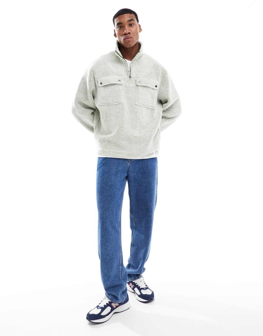 ASOS DESIGN oversized borg sweatshirt with half zip in green Product Image