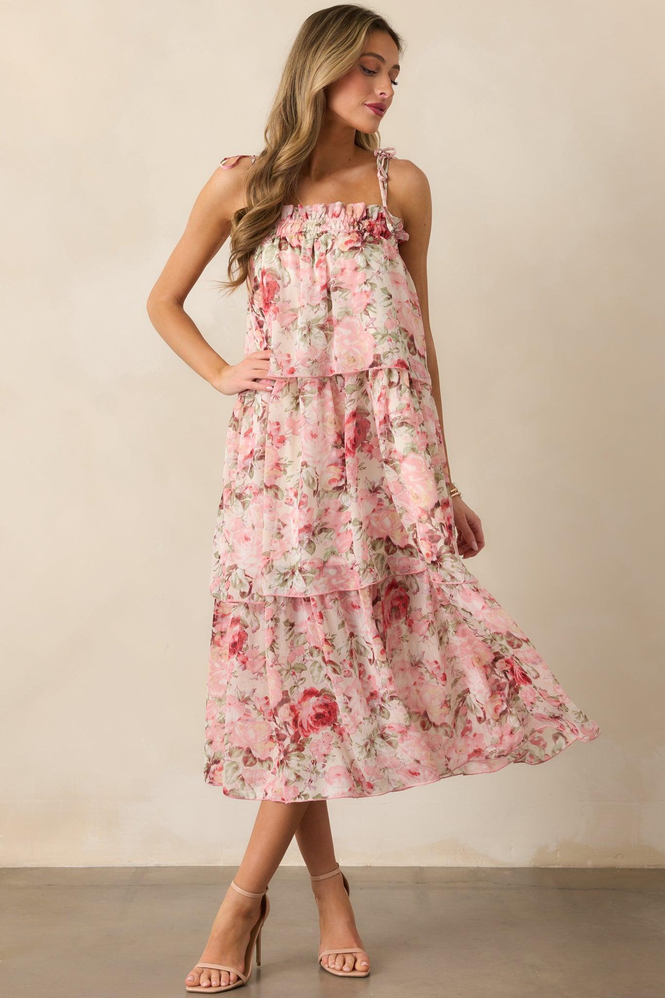 Flourishing Frenzy Pink Floral Print Midi Dress Product Image