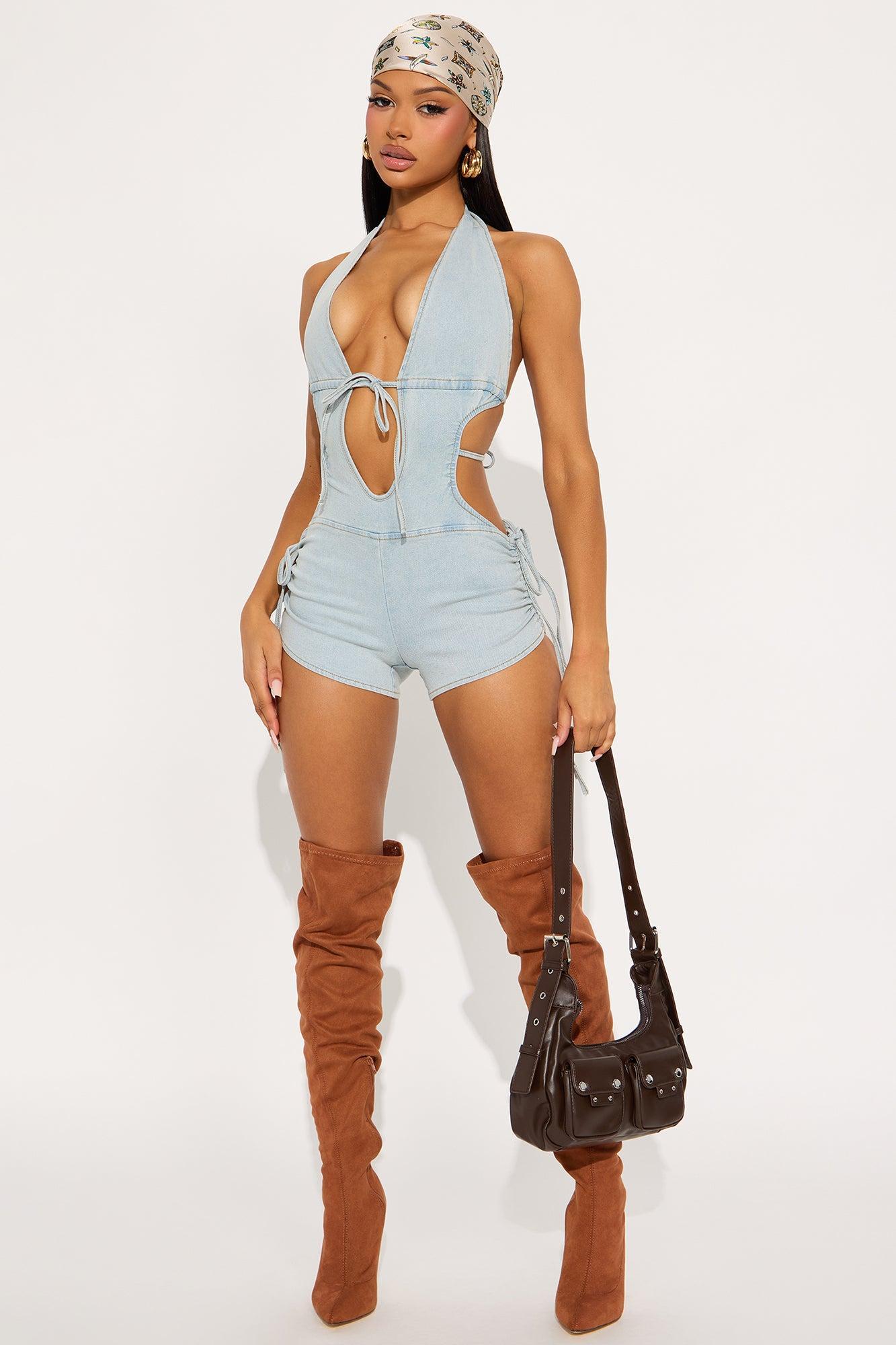 All Tied Up Denim Romper - Light Wash Product Image