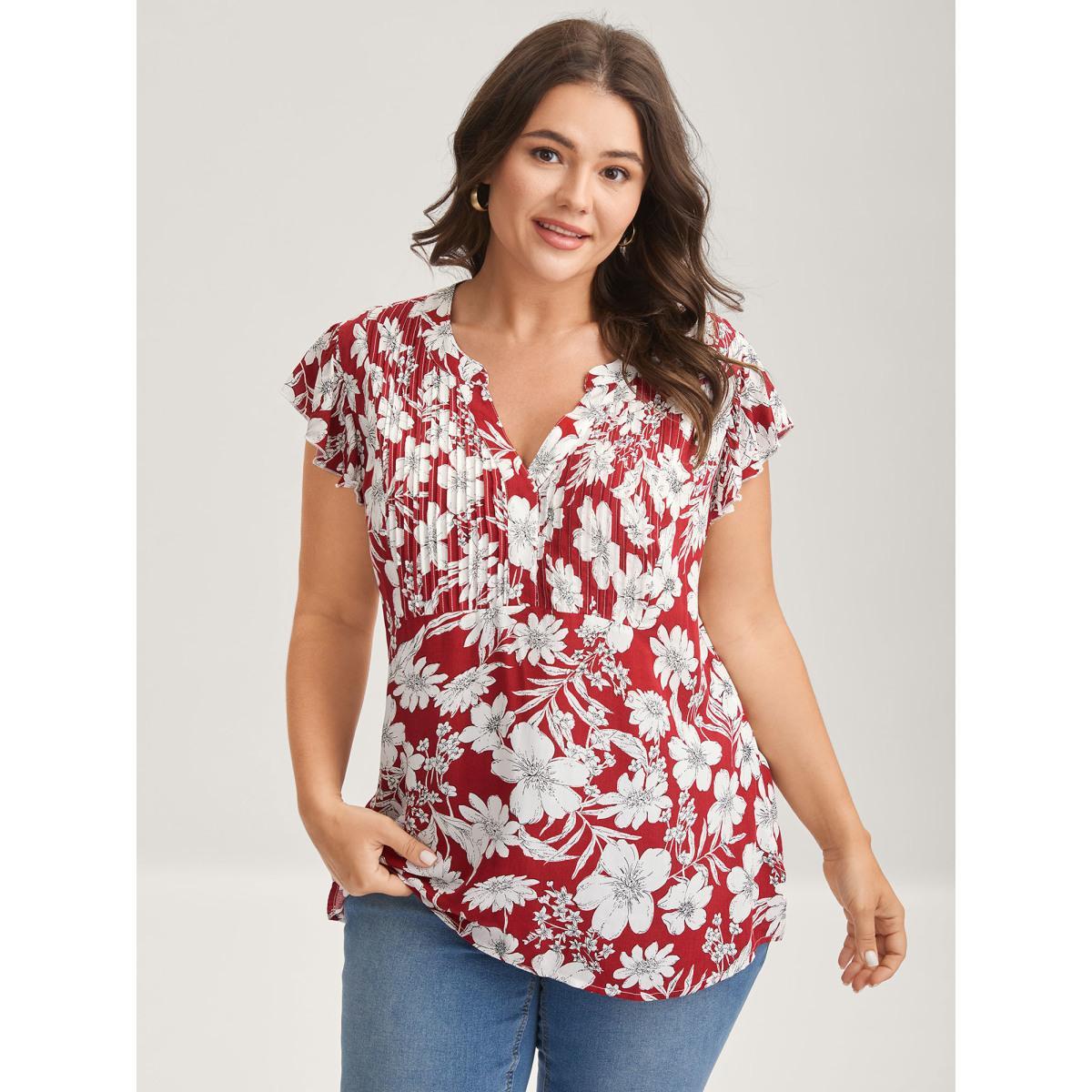 Plus Size Scarlet Silhouette Floral Toothpick Pleat Blouse Women Cap Sleeve Flat collar with V-notch Everyday-Elegant Blouses BloomChic 14-16/1X Product Image