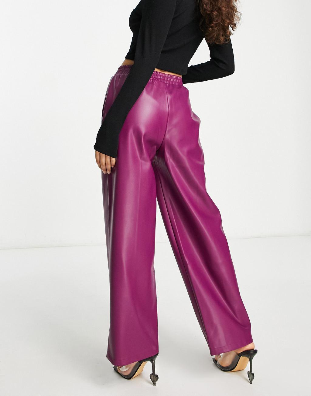 ASOS DESIGN Petite straight faux leather jogger pants in plum  Product Image
