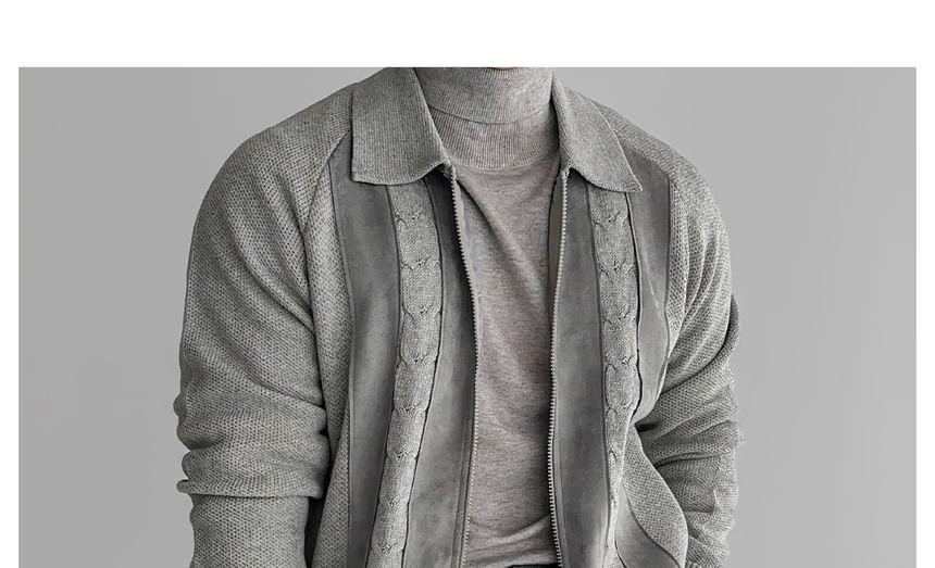 Collared Striped Cable Knit Zip Cardigan Product Image