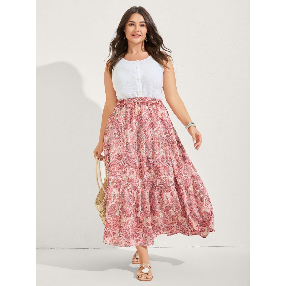 Plus Size Paisley Print Shirred Waist Midi Skirt Women Dirtypink Gathered Bodycon Low stretch Side seam pocket Vacation Skirts BloomChic 22-24/3X Product Image