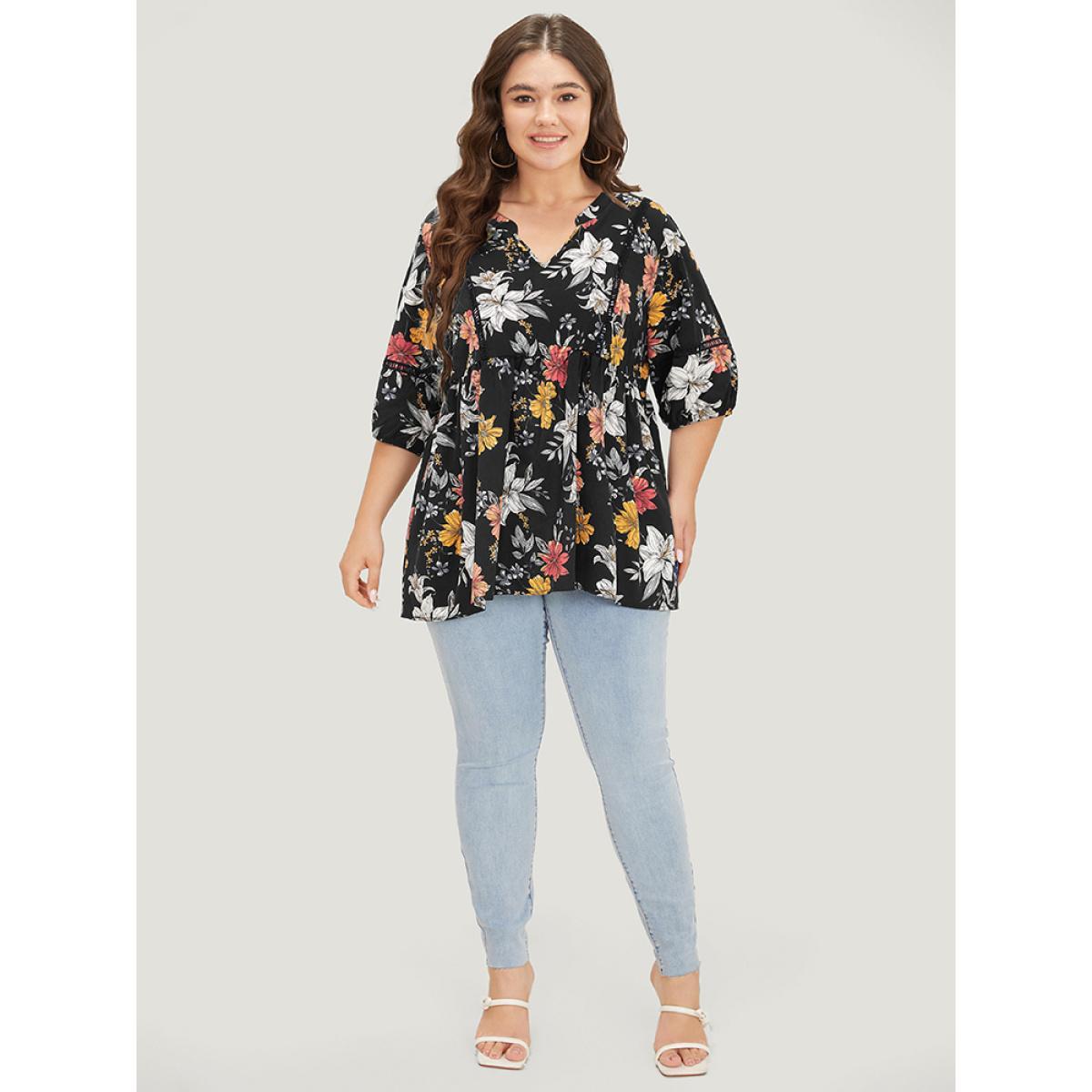 Plus Size Black Floral Lantern Sleeve Lace Gathered Notched Blouse Women Elegant Elbow-length sleeve Notched collar Dailywear Blouses BloomChic 26/4X Product Image