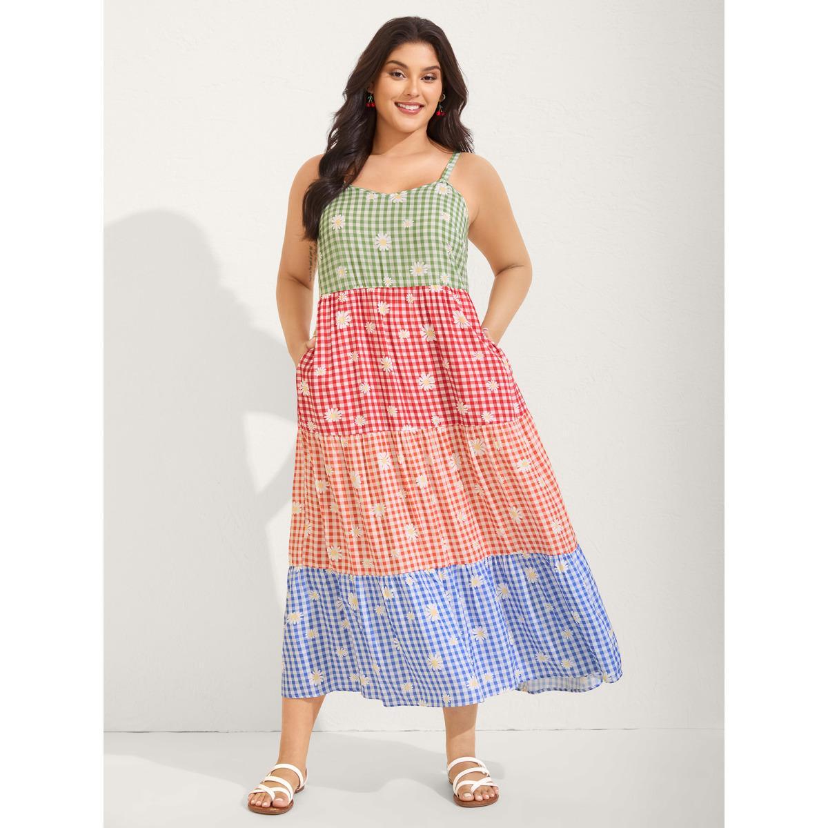 Plus Size Multicolor Daisy Print Tiered Cami Dress Multicolor Women V-neck Sleeveless Curvy BloomChic 14-16/1X Product Image