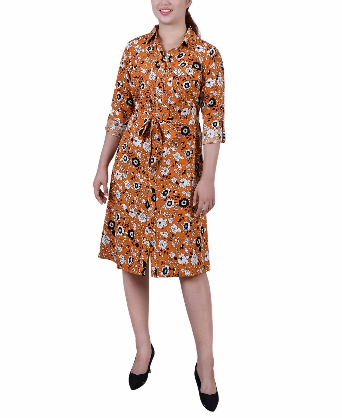 Ny Collection Petite Printed Long Sleeve Roll Tab Shirtdress Product Image