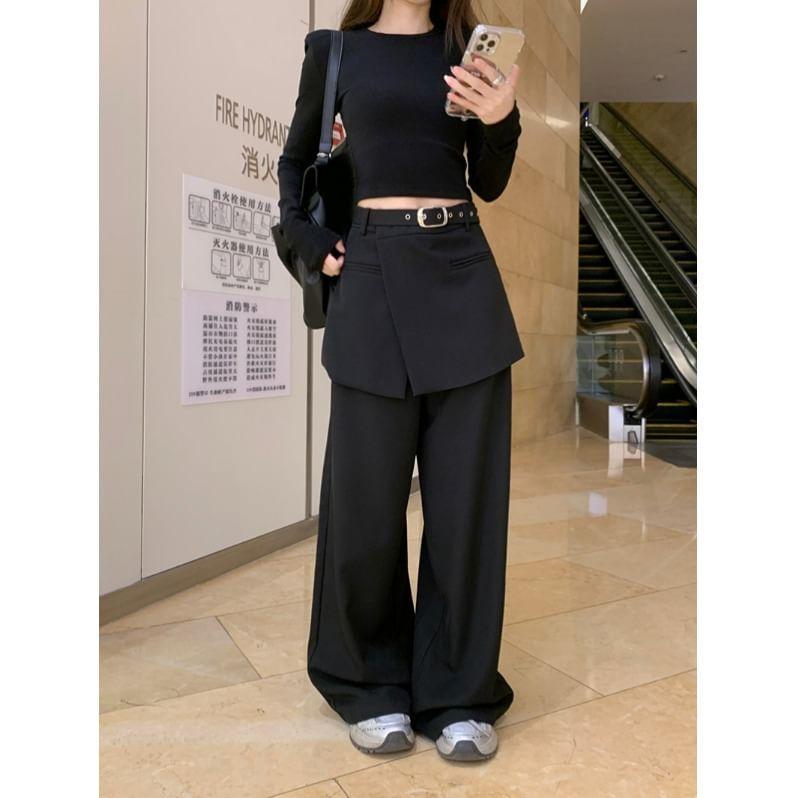 Long-Sleeve Round Neck Plain Crop Tee / High Rise Wide Leg Pants Product Image