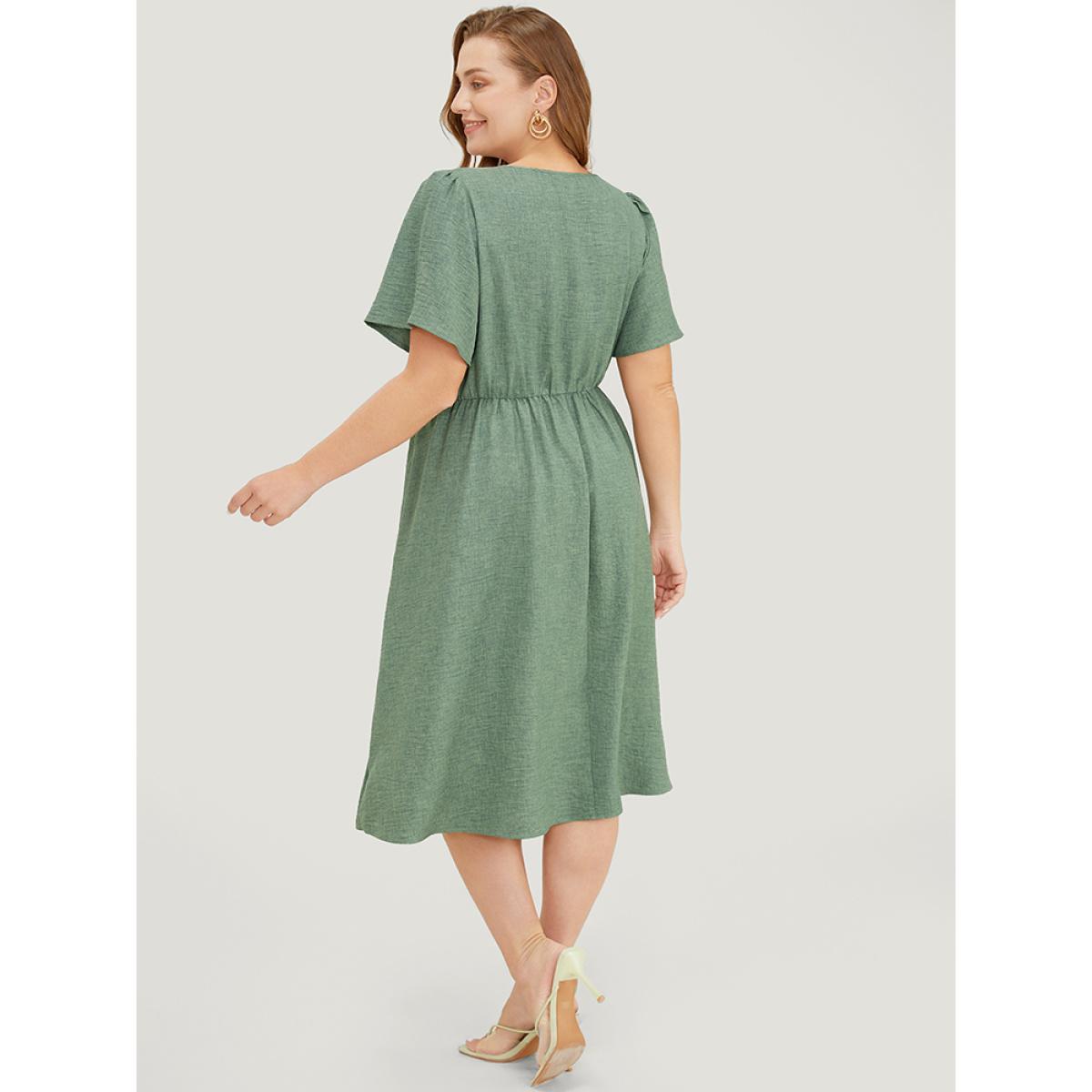 Plus Size Solid Pleated Detail Lace Pocket Ruffle Sleeve Dress Emerald Women Elegant Pleated V-neck Short sleeve Curvy Midi Dress BloomChic 26/4X Product Image