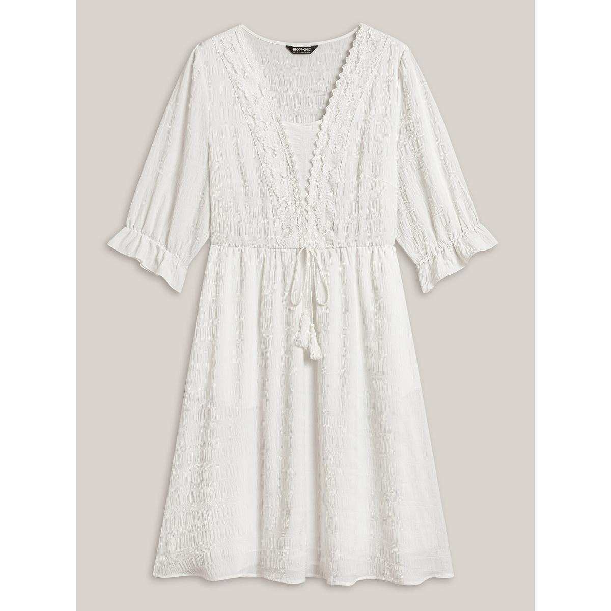 Plus Size Textured Lace Waist-Tie Midi Dress WhiteSmoke Women Tie knot Overlap Collar Elbow-length sleeve Curvy BloomChic 22-24/3X Product Image