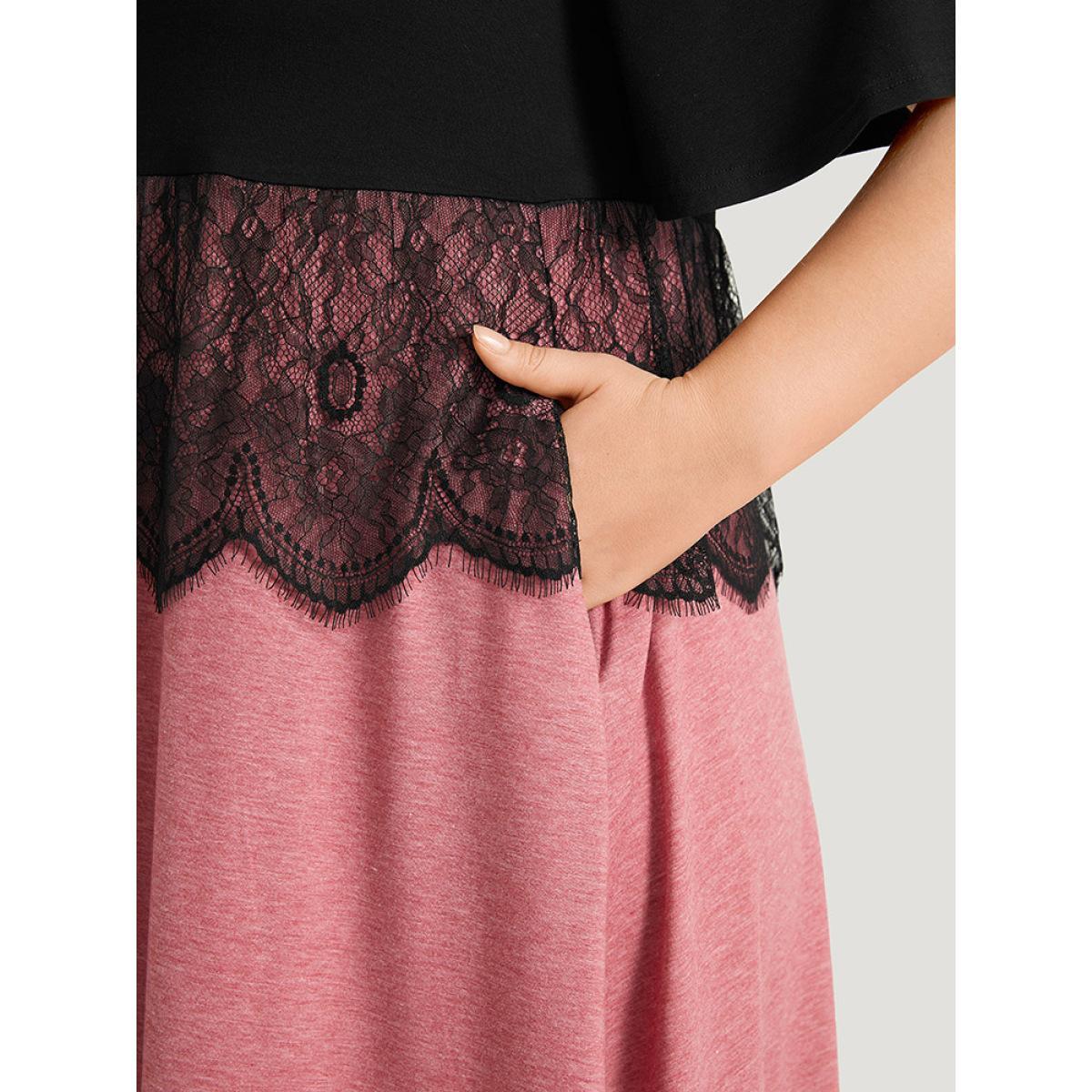 Plus Size Supersoft Essentials Colorblock Contrast Guipure Lace Flutter Sleeve Dress Rouge Women Casual Contrast Round Neck Short sleeve Curvy Midi Dress BloomChic 28/5X Product Image