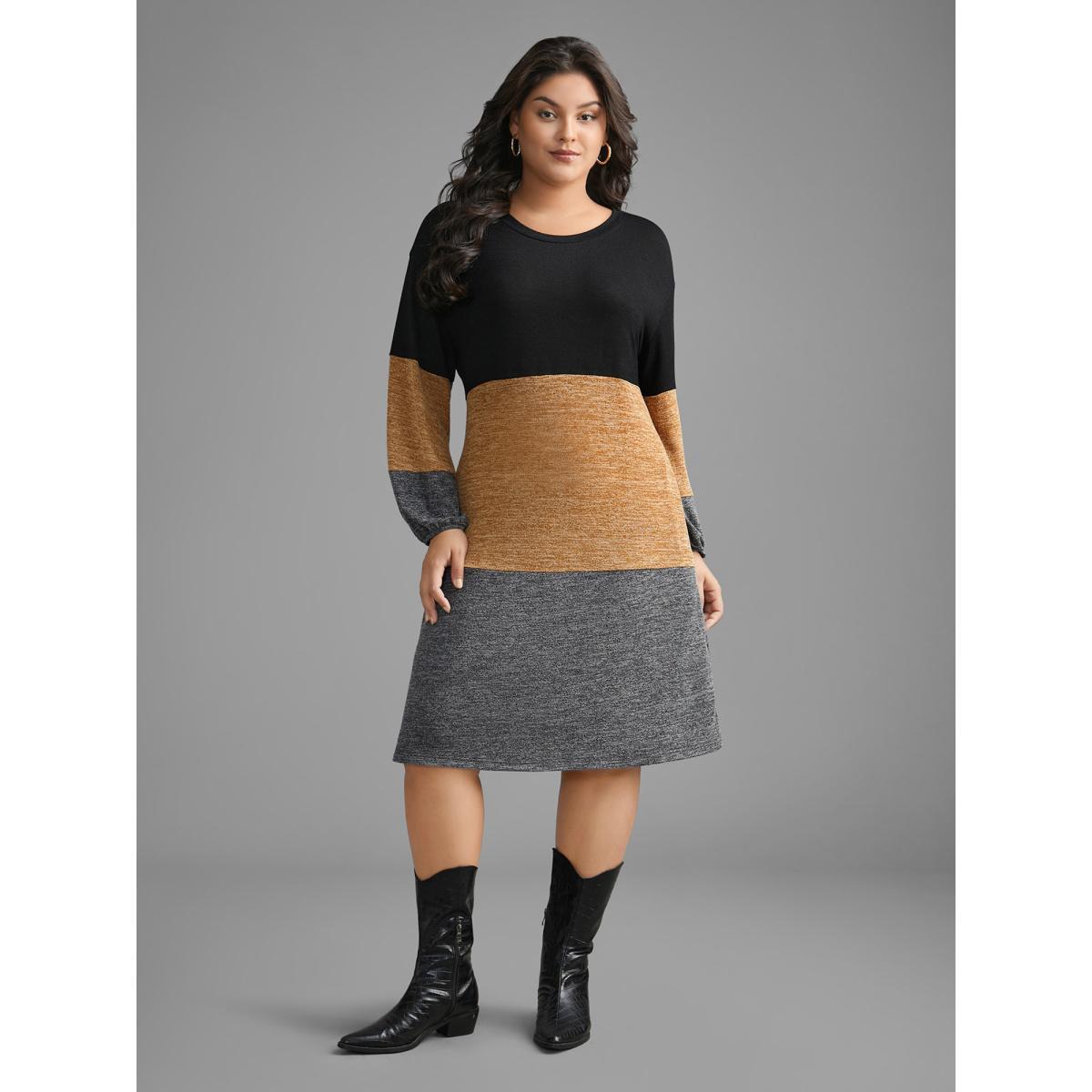 Plus Size Colorblock Contrast Heather Pocket Knit Dress Multicolor Women Casual Contrast Knit Dresses Bloomchic 28/5X Product Image