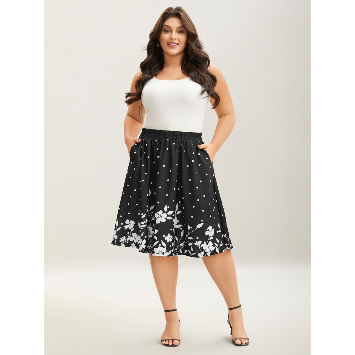 Plus Size Floral Print Pleated Midi Skirt Women BlackFlower Elegant Bodycon Low stretch Slanted pocket Everyday-Elegant Skirts BloomChic 30/6X Product Image