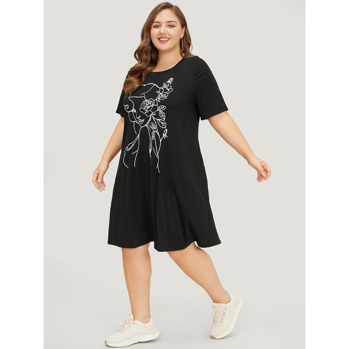 Plus Size Rose & Figure Print Pocket Flutter Graphic Dress Black Women Casual Printed Curvy Knee Dress BloomChic 22-24/3X Product Image