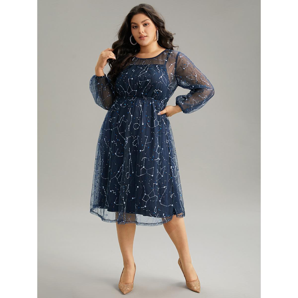 Plus Size Galaxy Sequin Mesh Embroidered Patchwork Dress Indigo Women Glamour Sequin Round Neck Long Sleeve Curvy Midi Dress BloomChic 26/4X Product Image