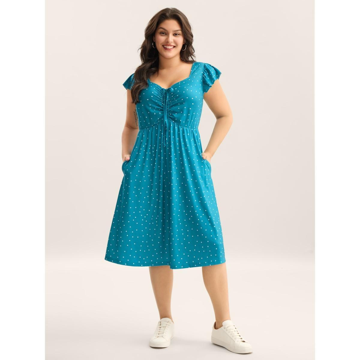 Plus Size Dot Print Ruched Drawstring Midi Dress Cerulean Women Heart neckline Short sleeve Curvy BloomChic 22-24/3X Product Image