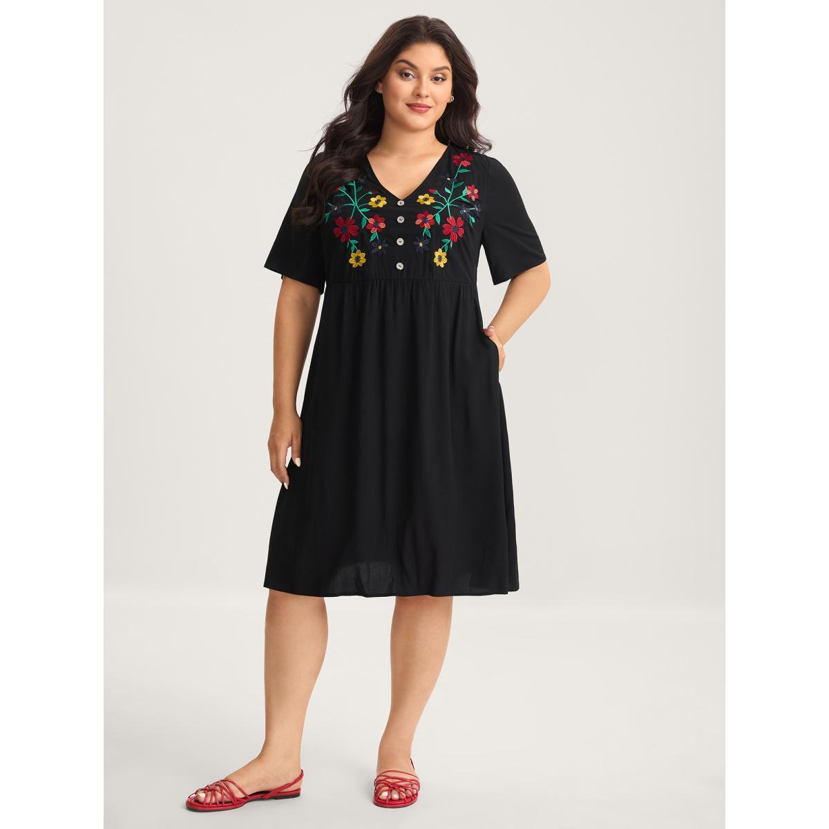 Plus Size Rayon Floral Embroidery Midi Dress Black Women V-neck Half Sleeve Curvy BloomChic 14-16/1X Product Image