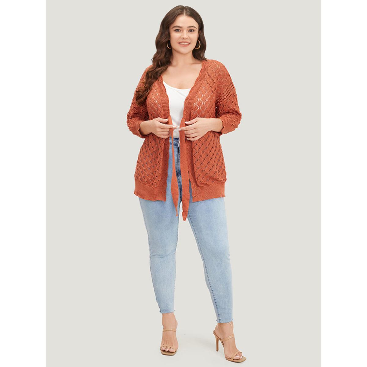 Plus Size Solid Hollow Out Ties Front Elastic Cuffs Cardigan Chocolate Women Casual Loose Elbow-length sleeve Dailywear Cardigans BloomChic 28/5X Product Image