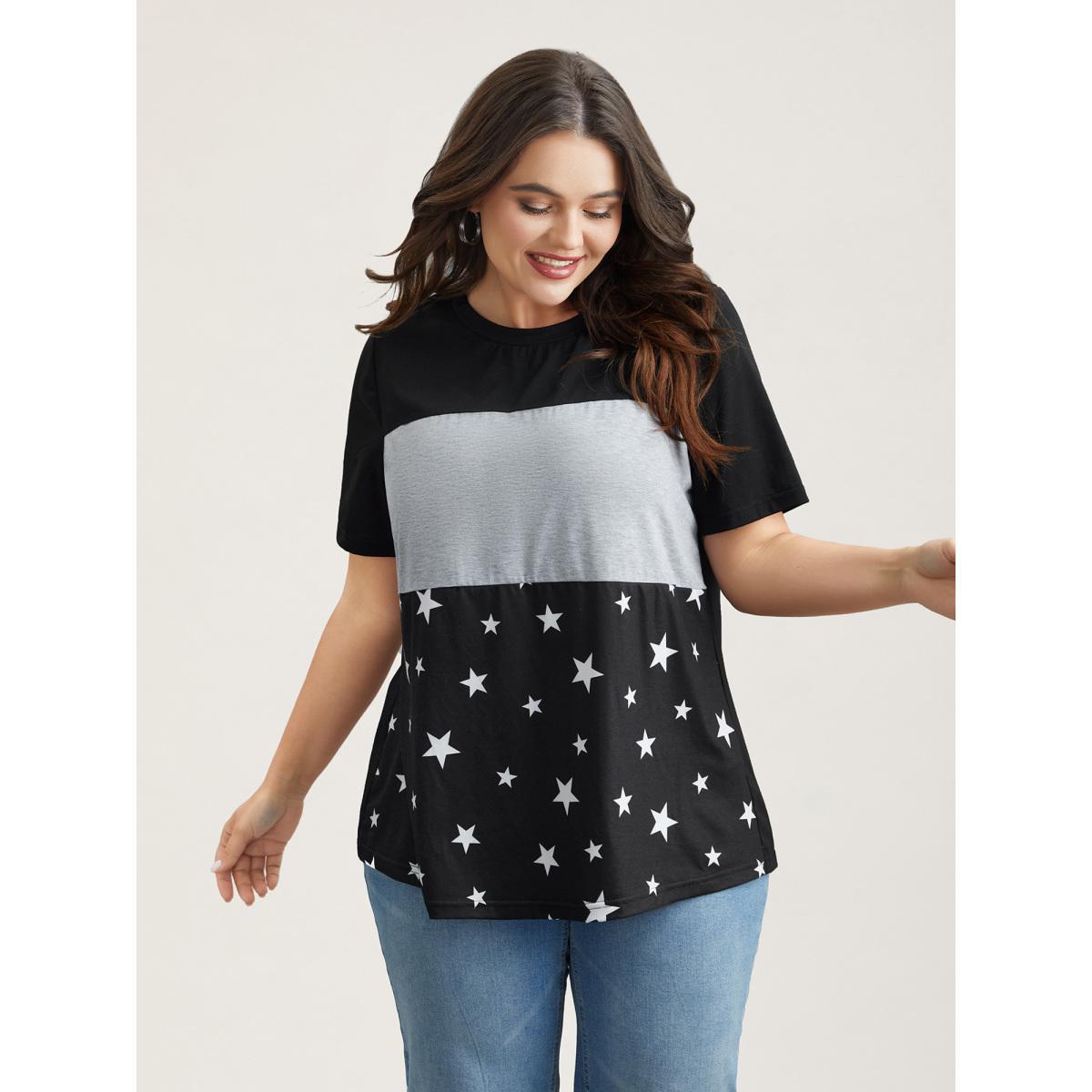 Plus Size Starry Color-Block Stretchy T-Shirt Black Women Casual Contrast Round Neck Everyday T-shirts BloomChic 26/4X Product Image