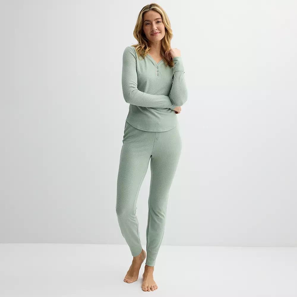 Womens Sonoma Goods For Life 2-pc. Thermal Pajama Top & Pajama Bottoms Set White Green Product Image