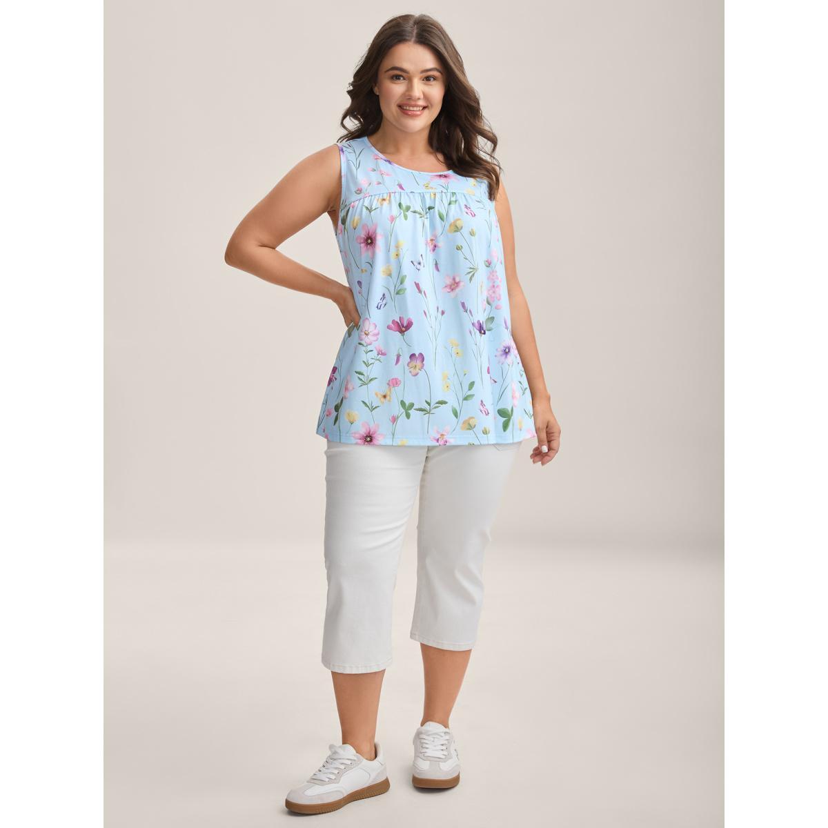 Plus Size Floral Print Flowy Pleated Tank Top Women LightBlue Gathered Round Neck Everyday-Casual Tank Tops Camis BloomChic 28/5X Product Image