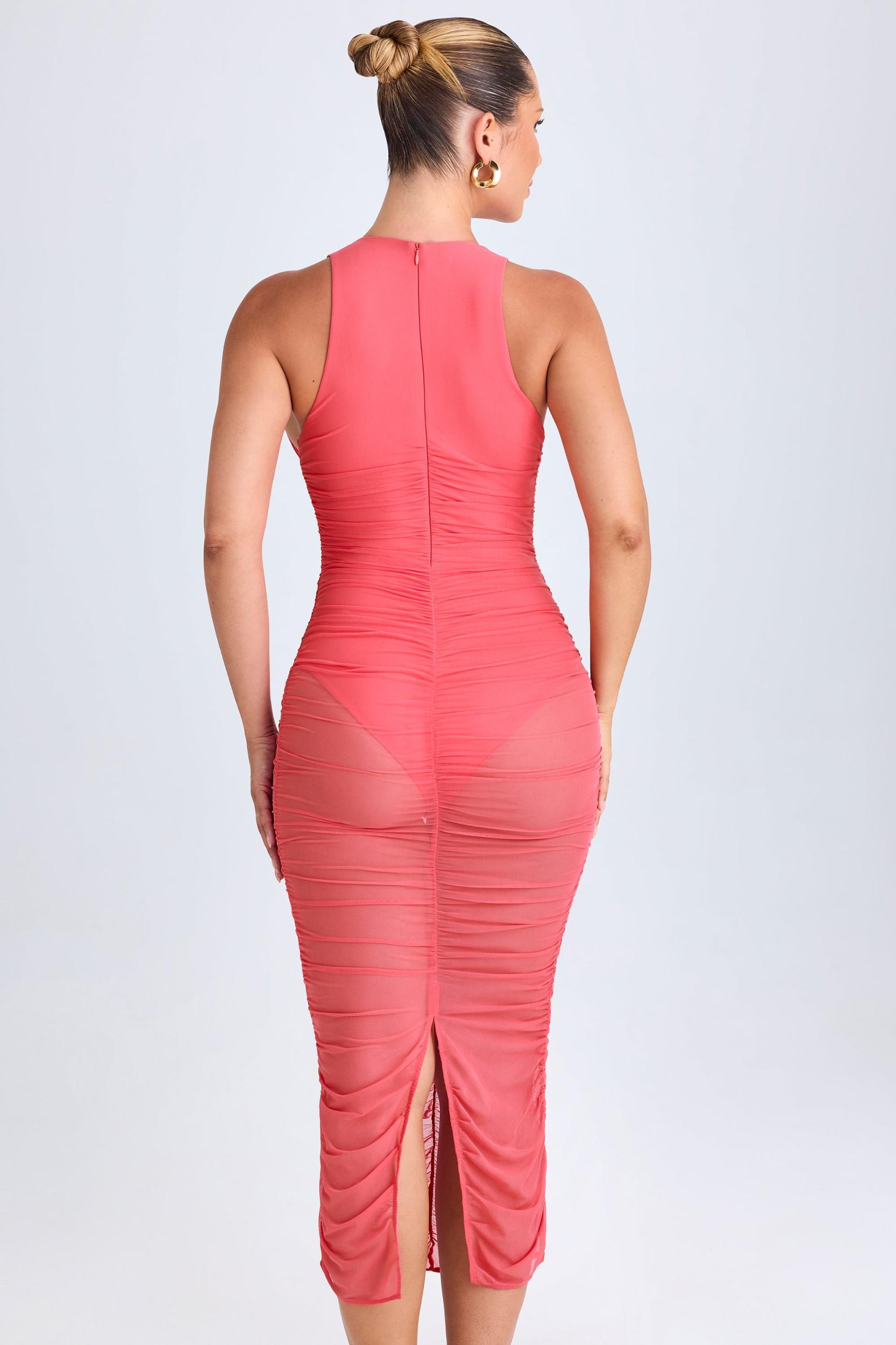 Ruched Plunge Midaxi Dress in Coral Product Image