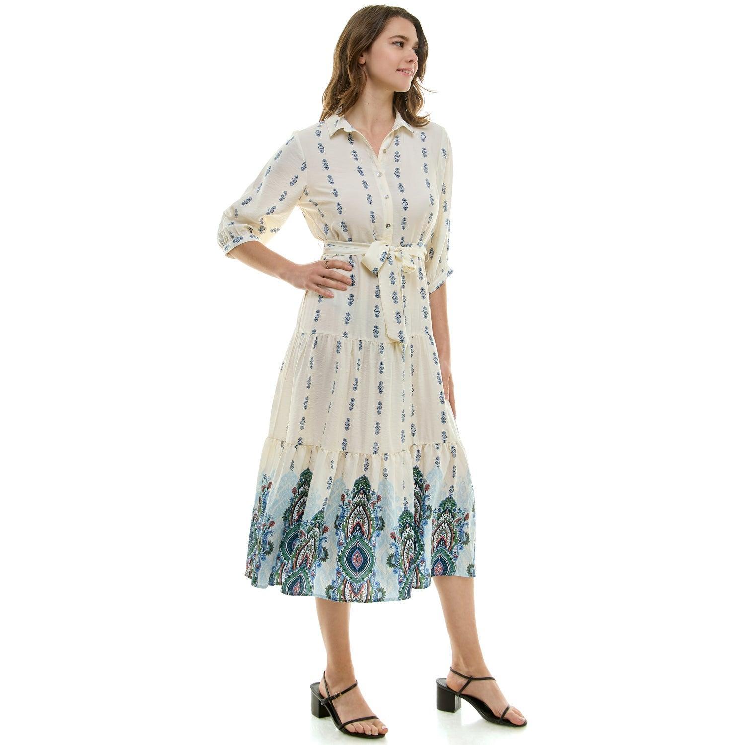 Long Sleeve Button Front Collared Midi Dress With Tied Waist Product Image