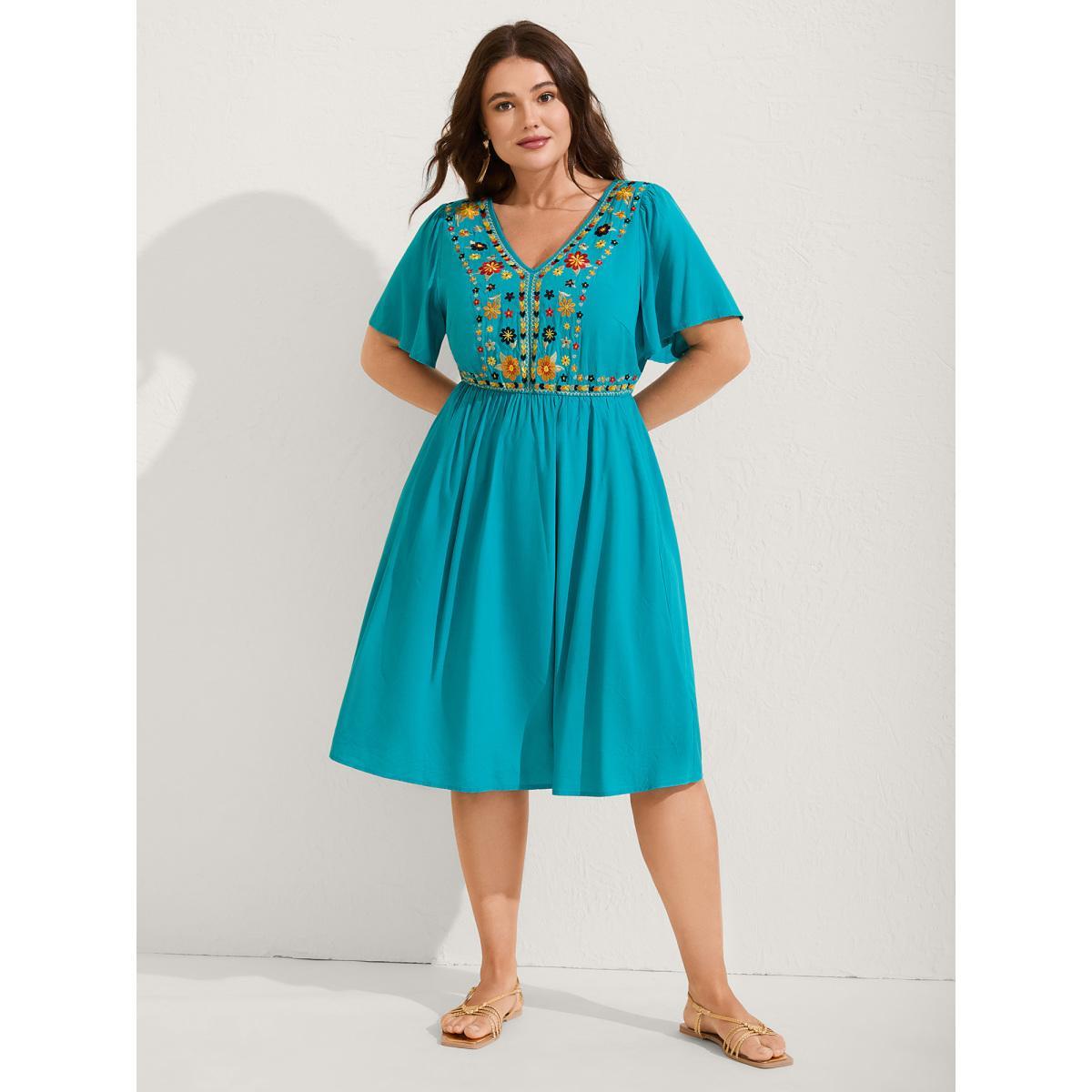 Plus Size Rayon Floral Embroidered Pockets Midi Dress Arctic Women V-neck Sleeveless Curvy BloomChic 18-20/2X Product Image