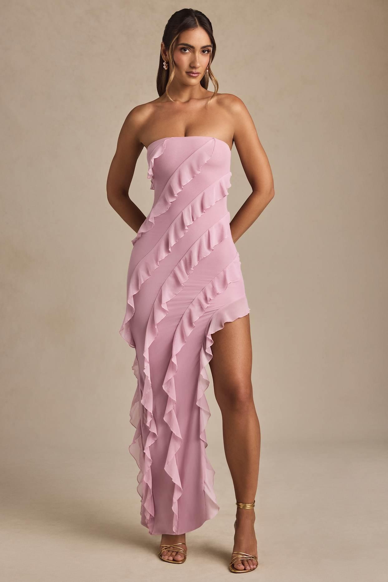 Bandeau Ruffle Detail Maxi Dress in Dusty Pink Product Image