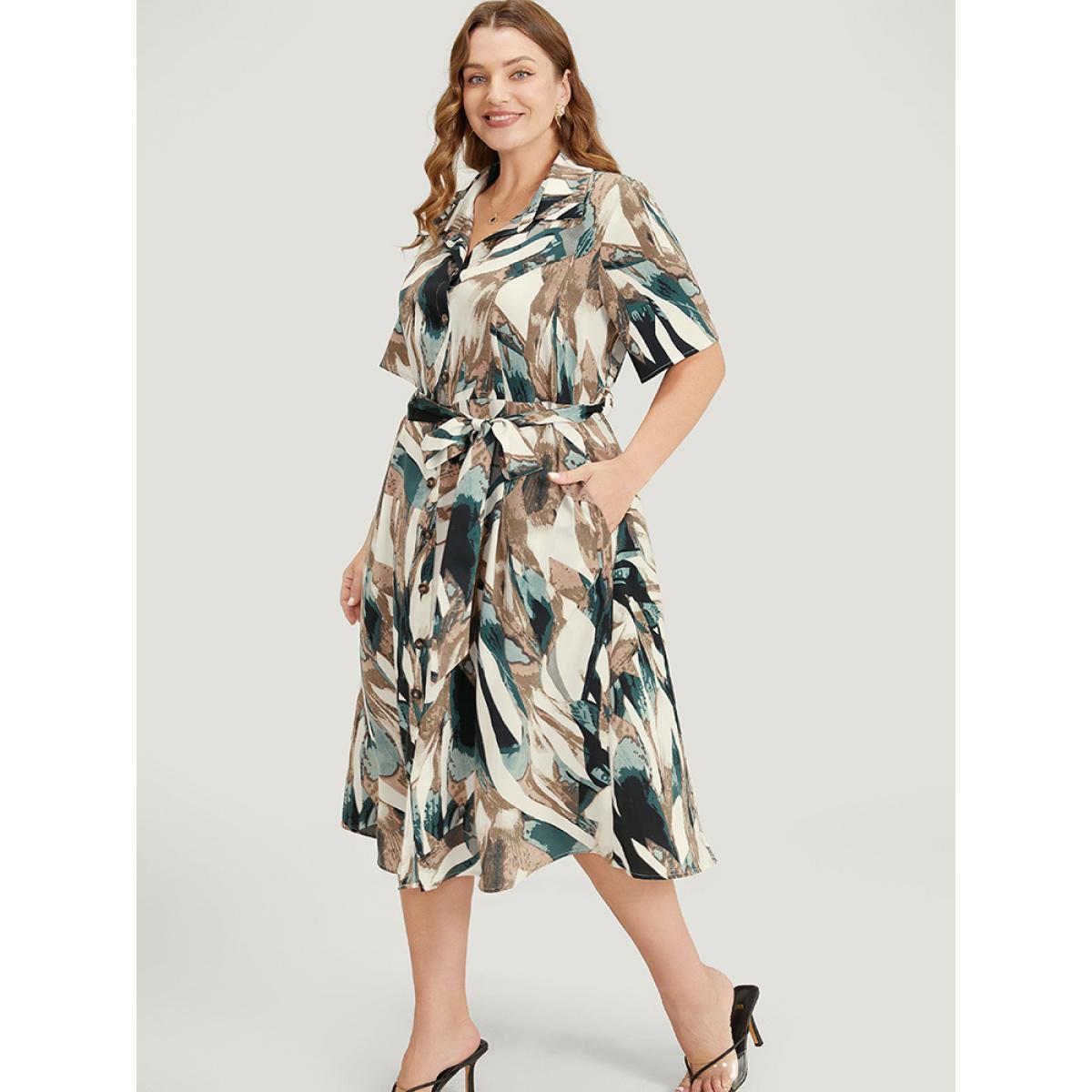 Plus Size Allover Print Pocket Button Up Belted Shirt Collar Dress Multicolor Women Office Contrast Shirt collar Short sleeve Curvy Midi Dress BloomChic 28/5X Product Image