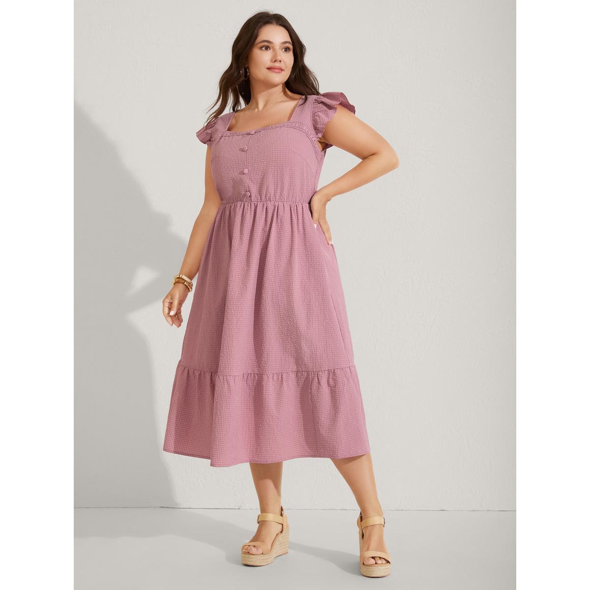Plus Size Lace Trim Button Detail Tiered Midi Dress Beanpastepowder Women Square Neck Cap Sleeve Curvy BloomChic 22-24/3X Product Image