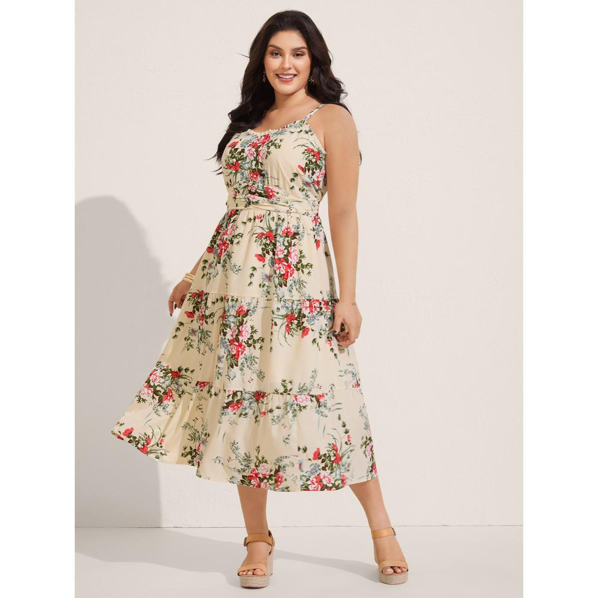 Plus Size Floral Pleated Waist Pockets Midi Dress Apricot Women Non Sleeveless Curvy BloomChic 10/M Product Image