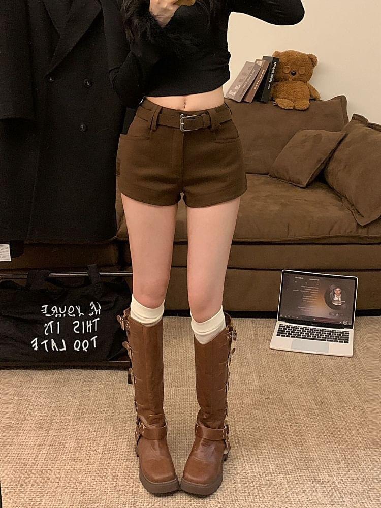 Set: Mid Rise Plain Shorts + Belt Product Image