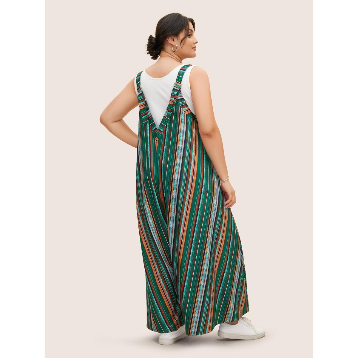 Plus Size Emerald Colored Striped Adjustable Straps Jumpsuit Women Casual Sleeveless Non Everyday Loose Jumpsuits BloomChic 12/L Product Image