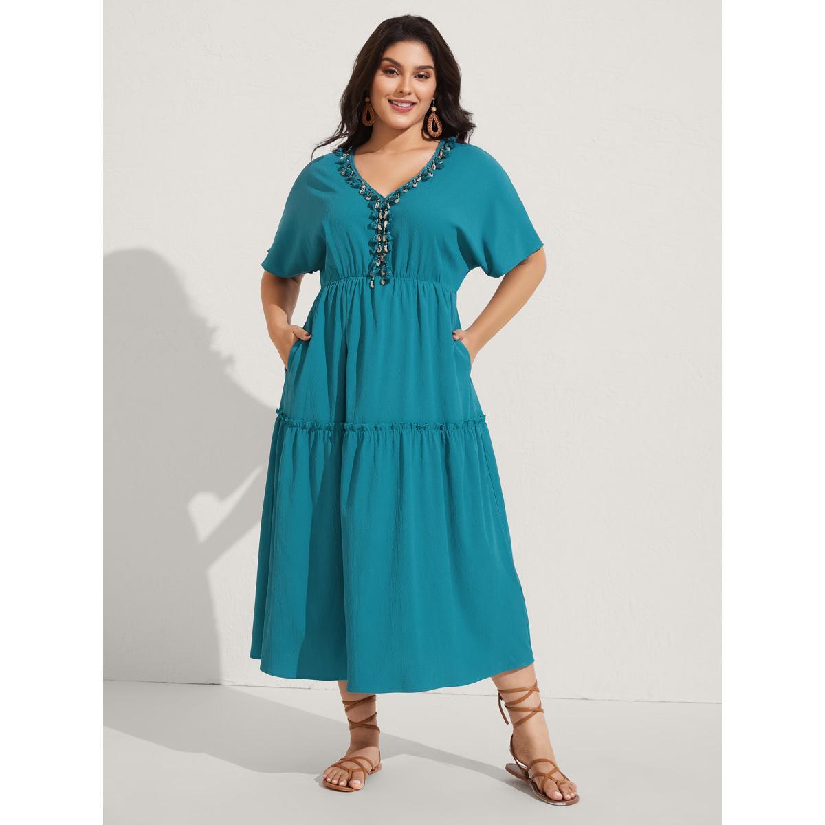Plus Size Collar Seashells Tassels Tiered Maxi Dress Aegean Women V-neck Short sleeve Curvy BloomChic 26/4X Product Image