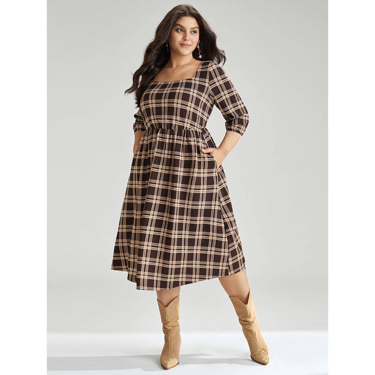 Plus Size Plaid Pocket Elastic Waist Square Neck Lantern Sleeve Dress DarkBrown Women Casual Elastic cuffs Square Neck Elbow-length sleeve Curvy Midi Dress BloomChic 10/M Product Image