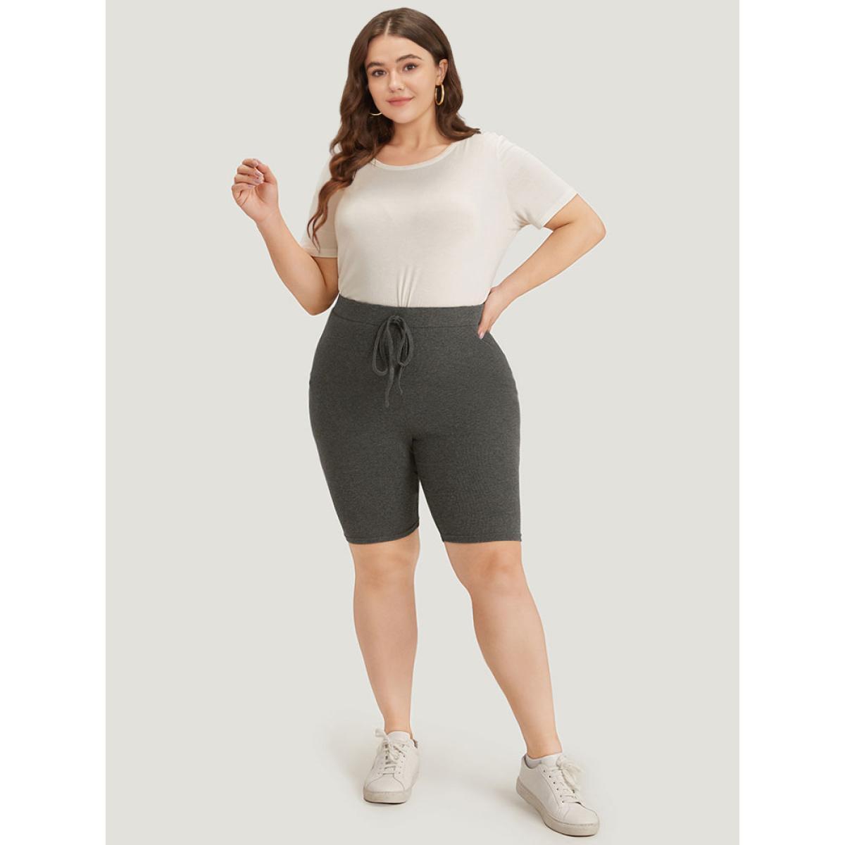 Plus Size Plain Ties Elastic Waist Skinny Leggings Women DimGray Casual High stretch Skinny High Rise Dailywear Leggings BloomChic 22-24/3X Product Image