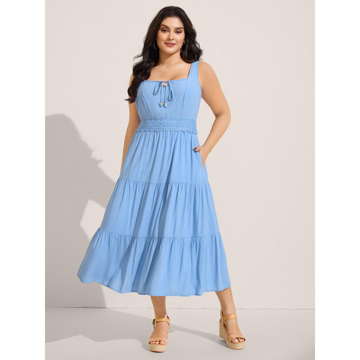 Plus Size Lace Trim Neck Tie Solid Midi Dress LightBlue Women Square Neck Sleeveless Curvy BloomChic 26/4X Product Image