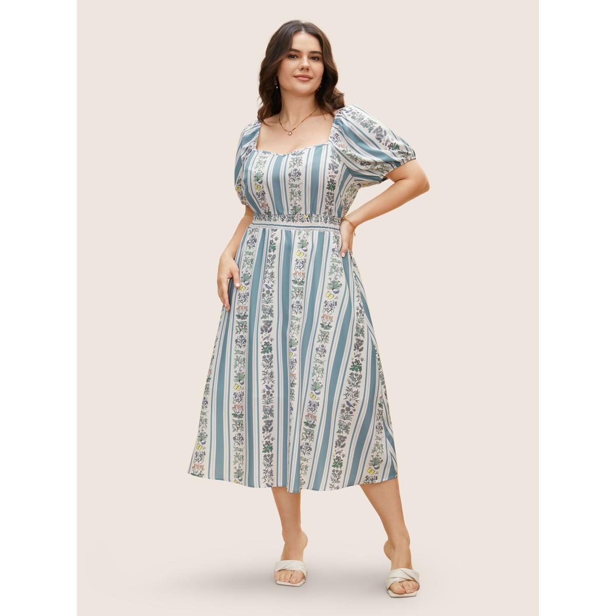 Plus Size Floral Patchwork Striped Shirred Puff Sleeve Dress LightBlue Women Elegant Gathered Heart neckline Short sleeve Curvy BloomChic 12/L Product Image
