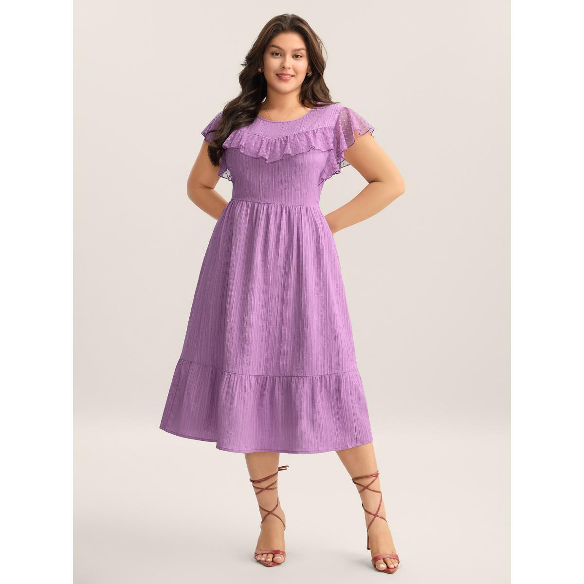 Plus Size Textured Ruffled Detail Pockets Midi Dress RedViolet Women Round Neck Cap Sleeve Curvy BloomChic 26/4X Product Image