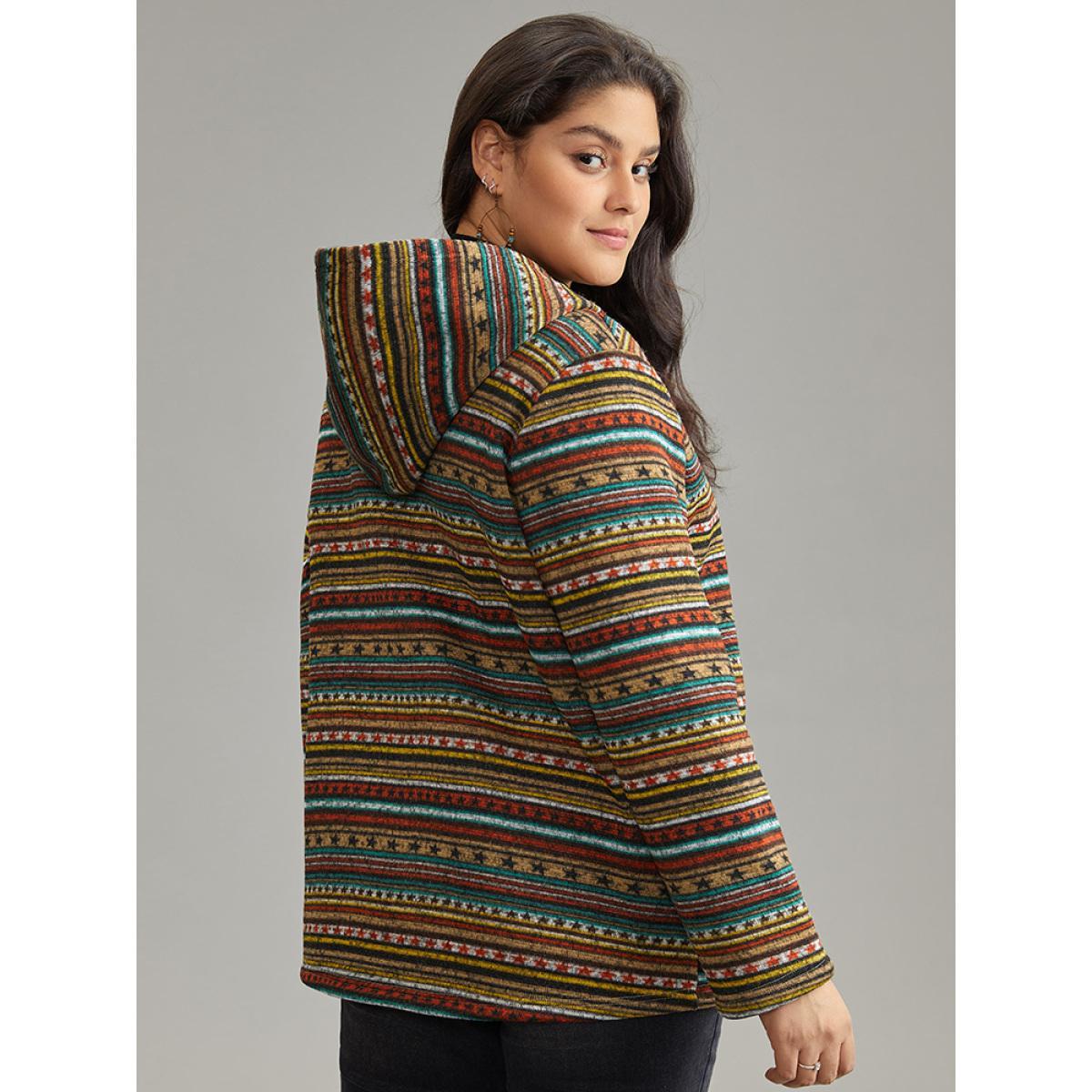 Plus Size Geometric Bandana Fluffy Hooded Zipper Jacket Women Bronze Contrast Pocket Dailywear Jackets BloomChic 12/L Product Image