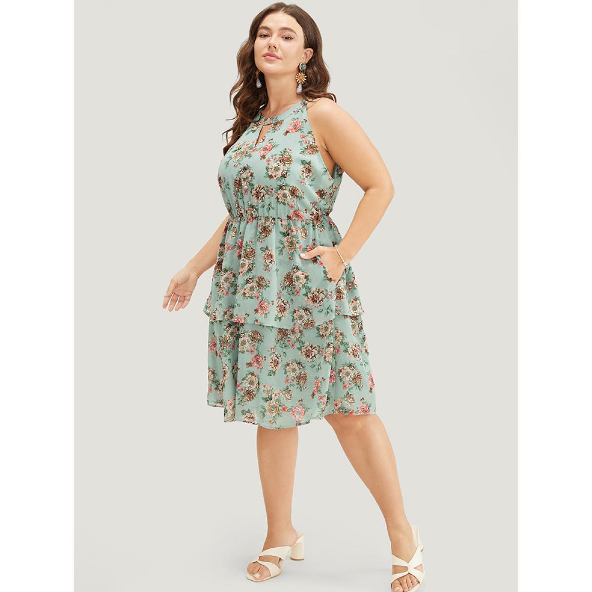 Plus Size Floral Pocket Ruffle Tiered Keyhole Knotted Halter Dress Mint Women Elegant Lined Halter neck Sleeveless Curvy Knee Dress BloomChic 26/4X Product Image