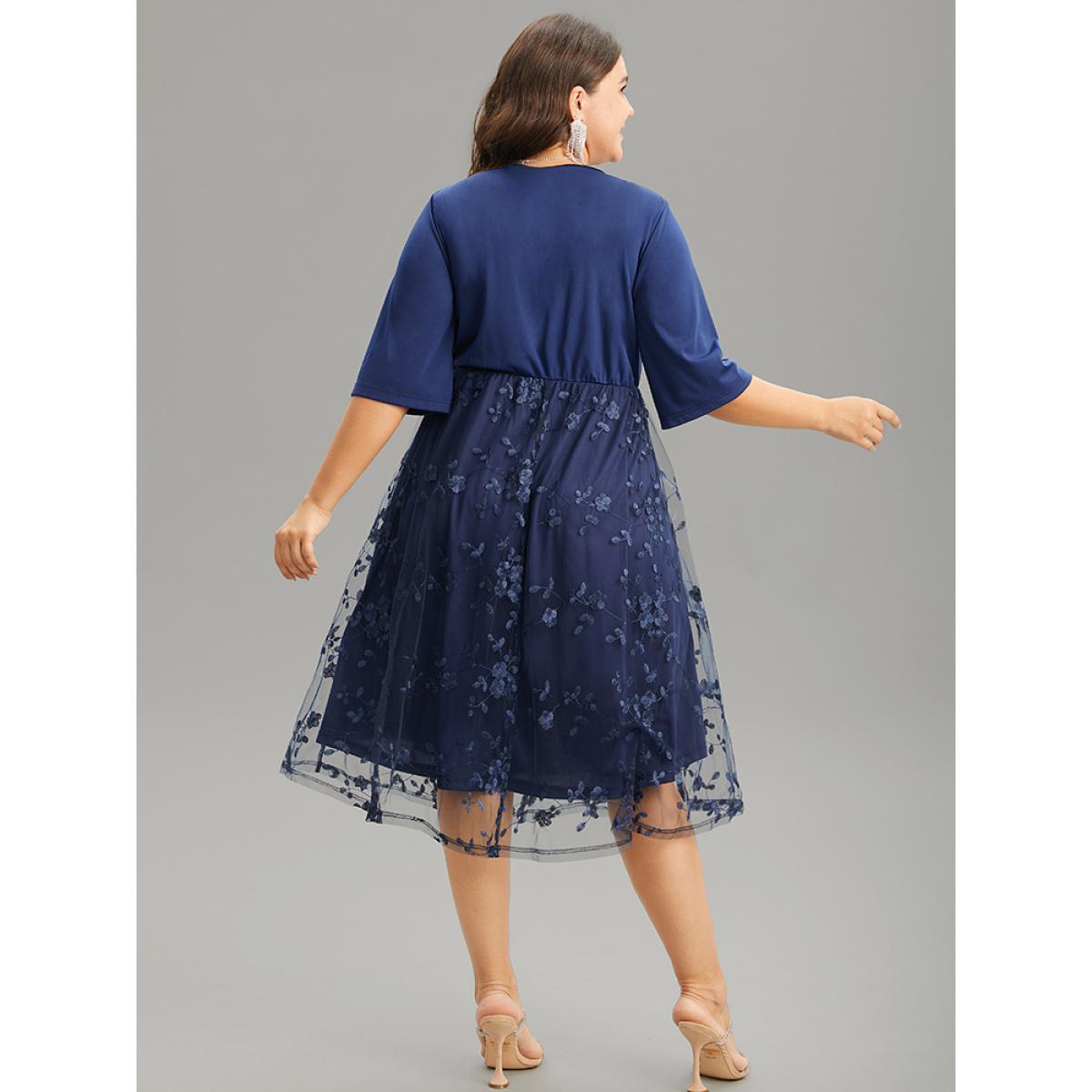 Plus Size Crochet Lace Mesh Overlap Collar Elastic Waist Dress DarkBlue Women Glamour Wrap Overlap Collar Half Sleeve Curvy Midi Dress BloomChic 22-24/3X Product Image