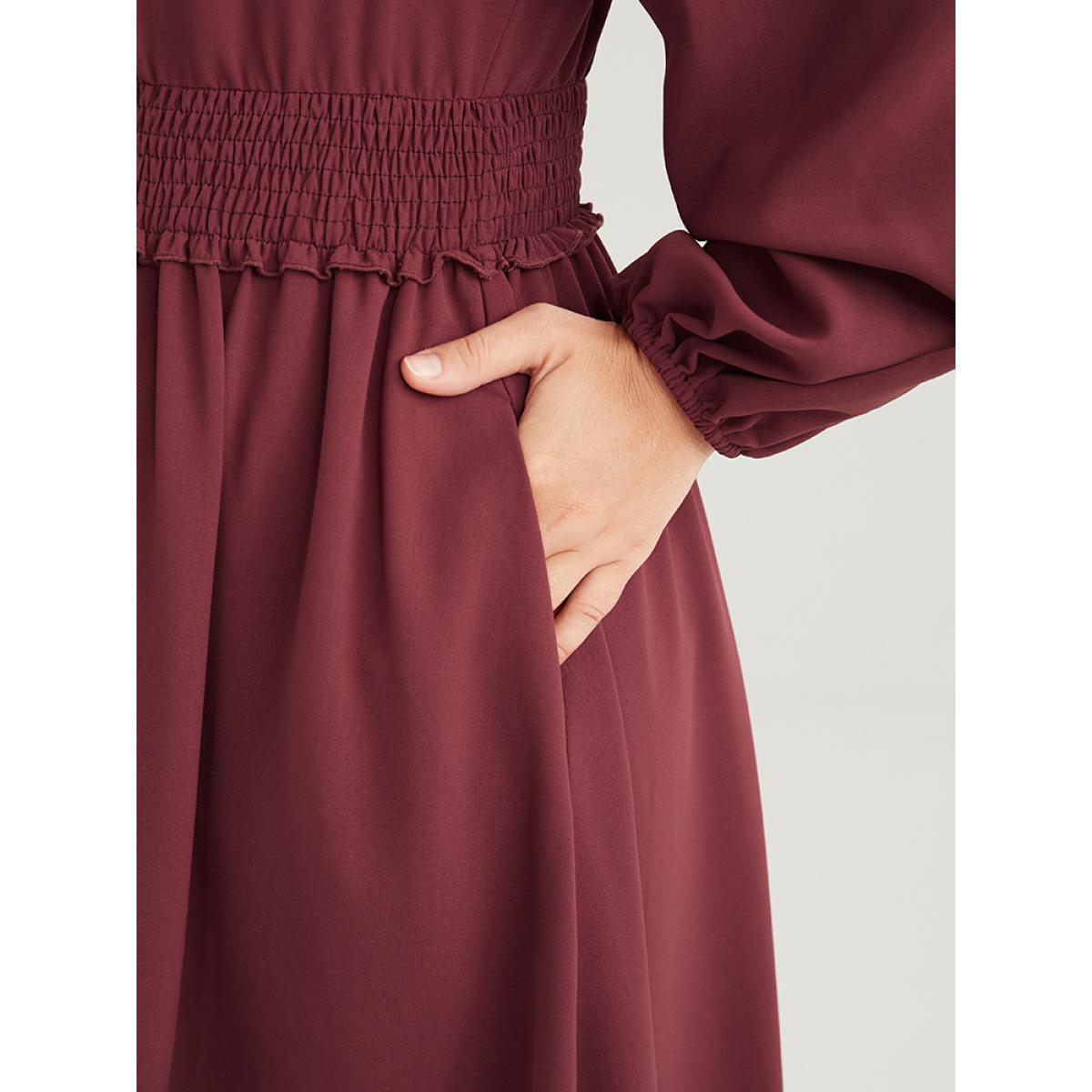 Plus Size Solid Pocket Lantern Sleeve Patchwork Ruffled Shirred Dress DustyPink Women Elegant Plain V-neck Long Sleeve Curvy Midi Dress BloomChic 28/5X Product Image