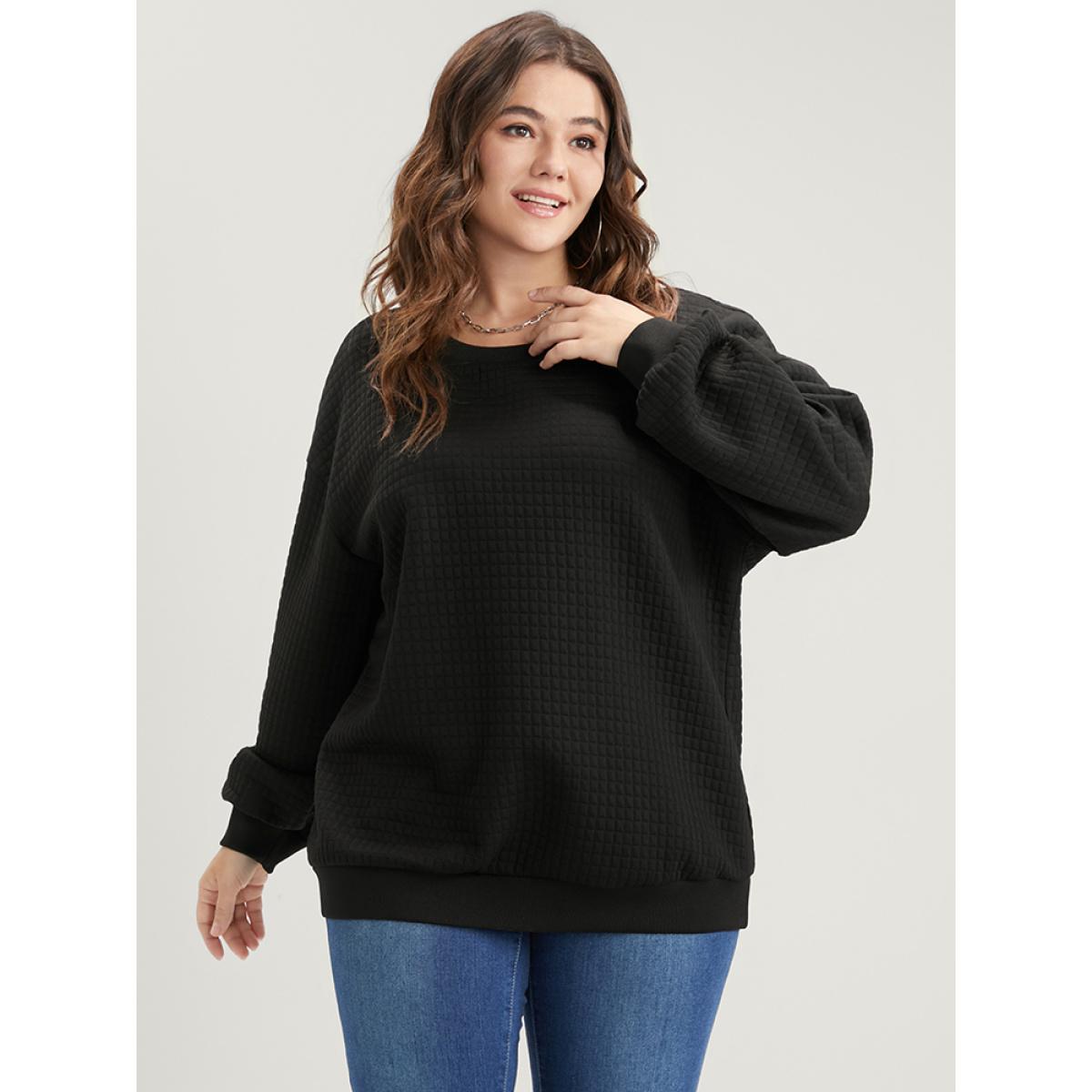 Plus Size Solid Textured Drop Shoulder Sweatshirt Women Black Casual Round Neck Dailywear Sweatshirts BloomChic 22-24/3X Product Image